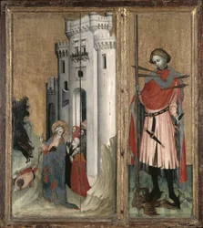 St. Andreas vertreibt Dämonen aus der Stadt Nicaea und St. Sebastian, rechte Tafel des Thouzon-Altars, Schule von Provence